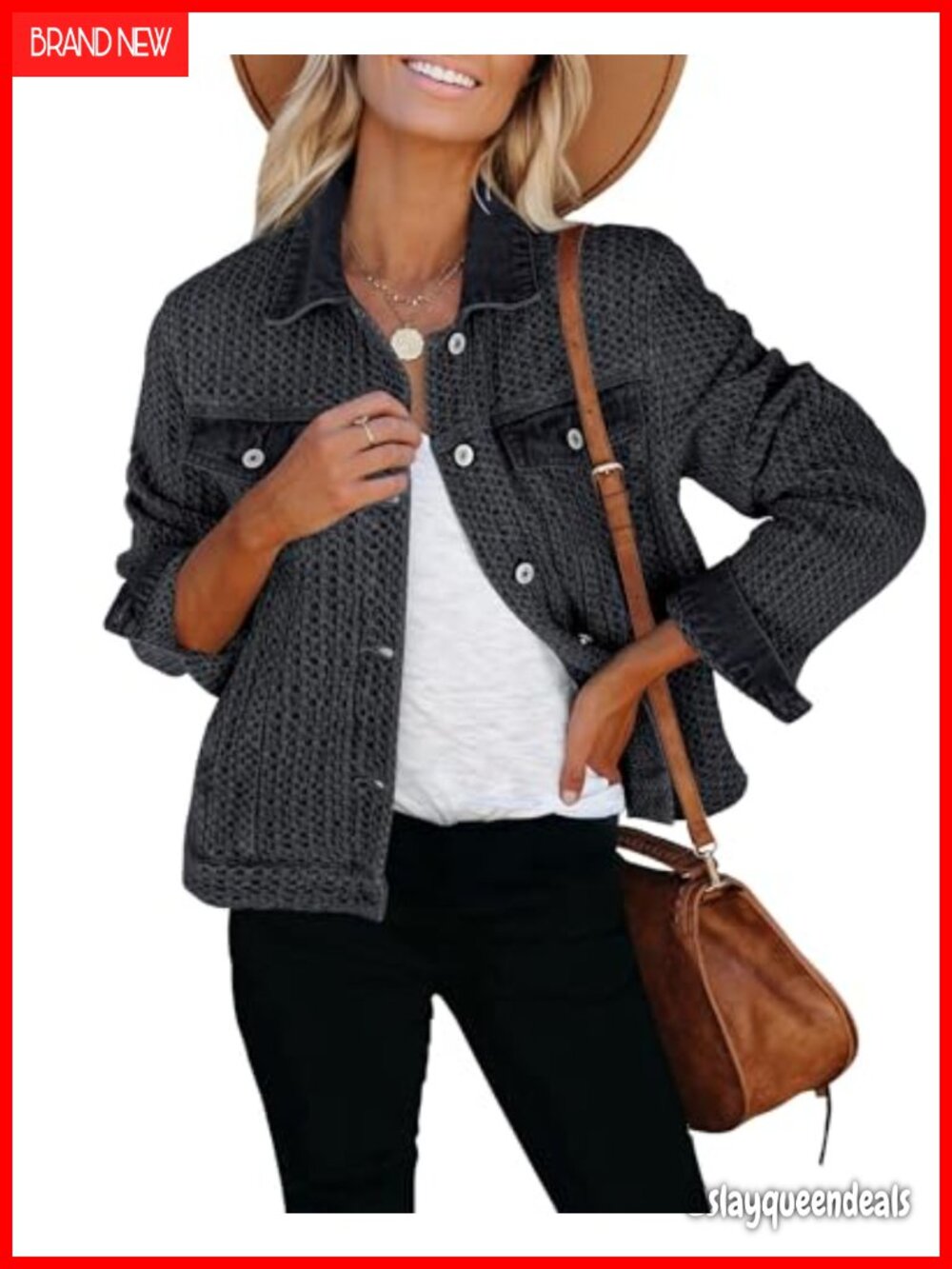 Textured Distressed Button Down Denim Jacket